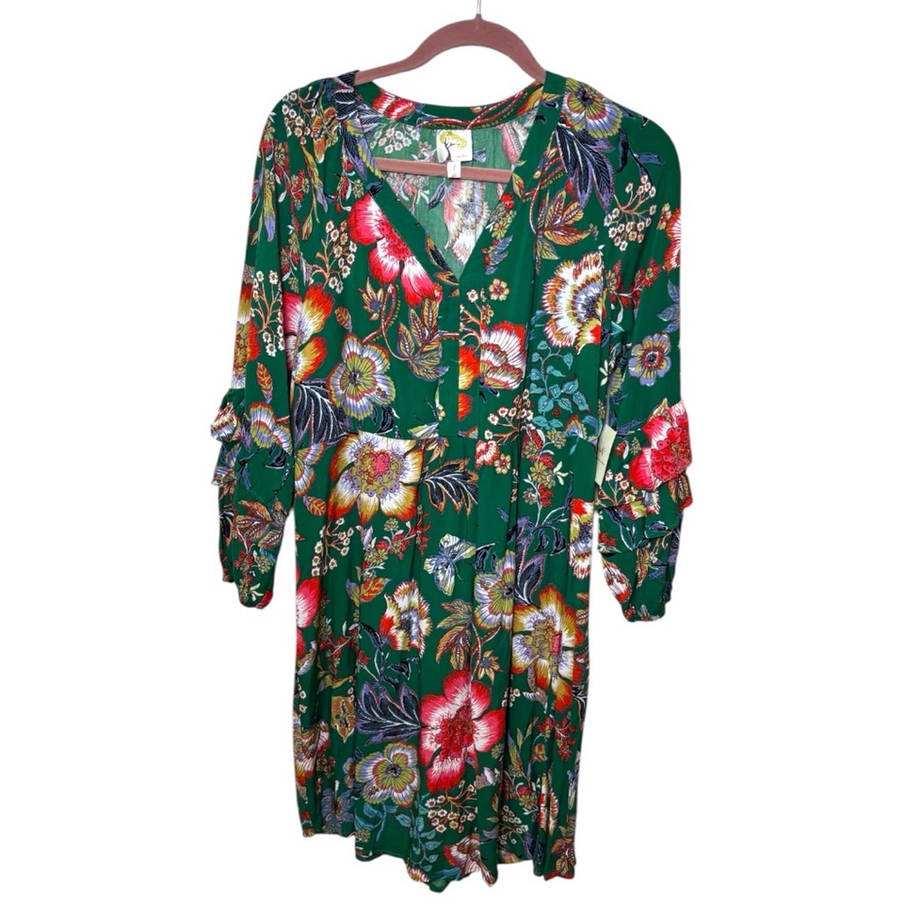 NWT Anthropologie Fig and Flower Vibrant Green Floral Dress L‎ - Picture 2 of 9